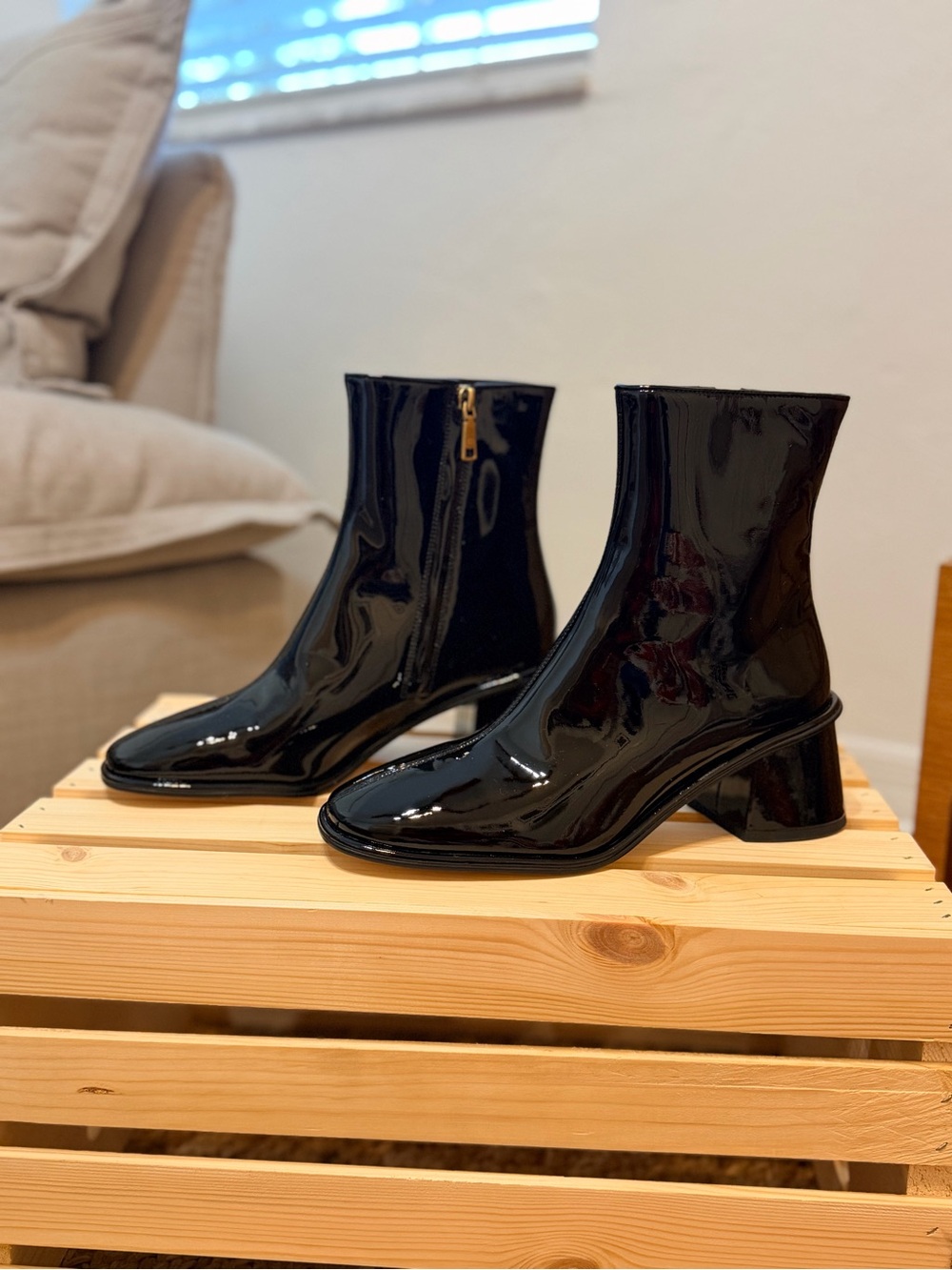 Coach Black Patent Leather Square Toe Ankle Boots 8.5